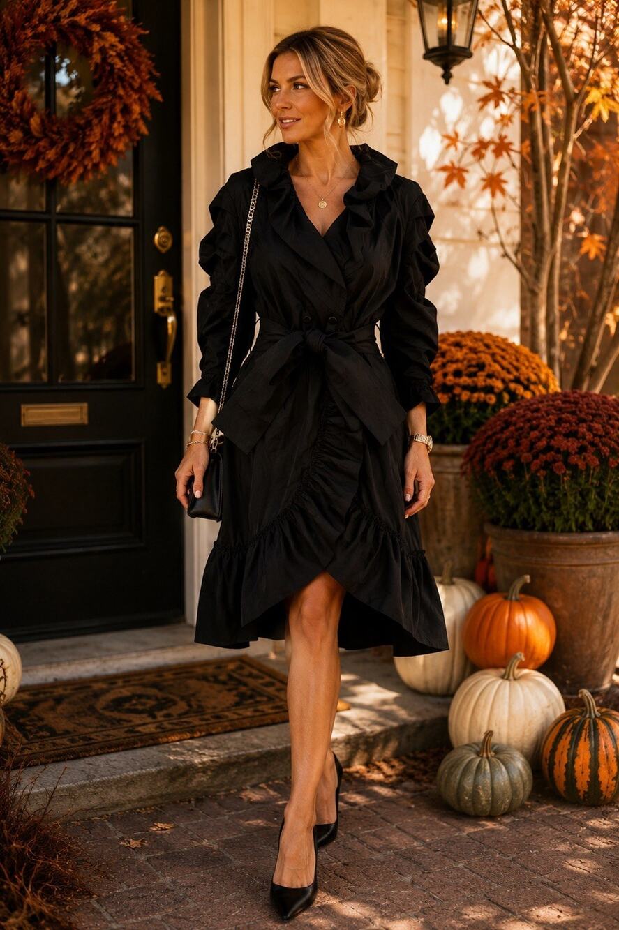 Samuel Dong Black Taffeta Ruffle Belted Avant Garde Gothic Coat Dress Medium